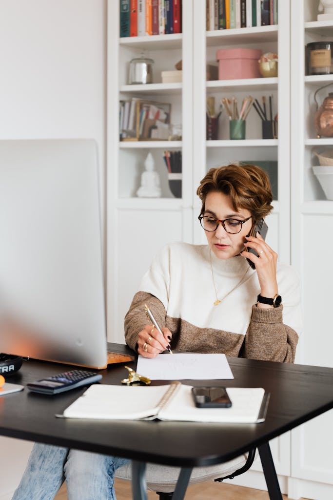 A woman wearing glasses sits at a desk with papers, a calculator, and a computer, talking on the phone and taking notes—perhaps booking wedding photography—against shelves of books and decor in the background. Infinity Photography - Wedding Photographer - East Sussex